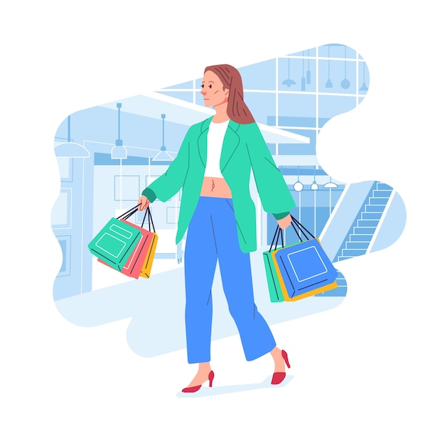 Jonge geluk vrolijke shopaholic stijlvolle modieuze vrouw in een winkelcentrum met winkeltassen