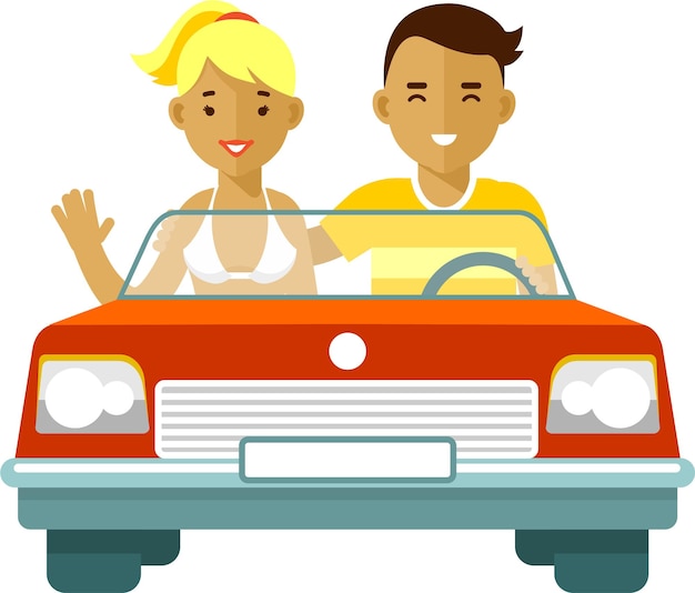 Jonge gelukkige paar in auto Cabriolet in vlakke stijl