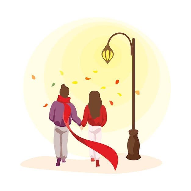 Jonge gelukkige verliefde paar brengen herfst herfsttijd samen door. man en vrouw tijdens romantische date. geliefde man en vrouw wandelen in het park bij licht van straatlantaarn. vector eps illustratie