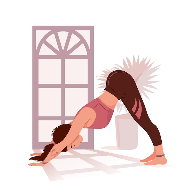 Jonge gelukkige vrouw die yoga doet of vectorillustratie uitrekt neerwaarts gerichte hond asana