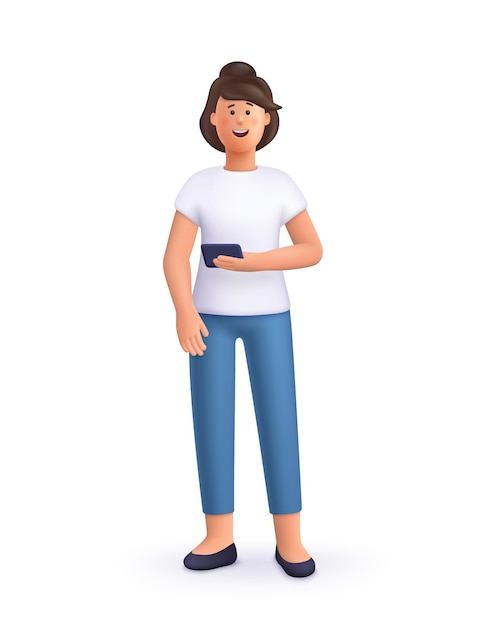 Jonge glimlachende vrouw die staat en een smartphone vasthoudt 3d vector mensen personage illustratie Cartoon minimale stijl