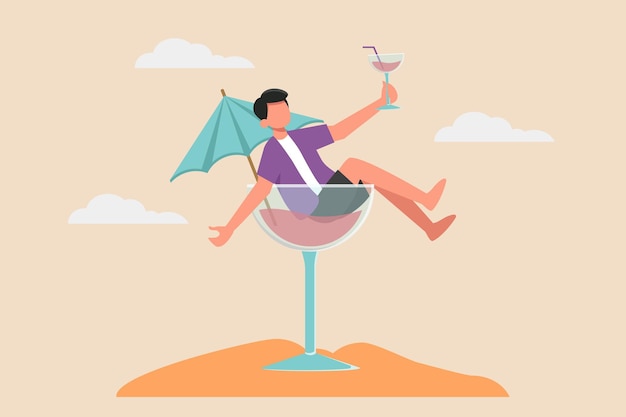 Jonge jongen die een tropisch cocktailsglas drinkt in strand summer party flat vectorillustratie geïsoleerd