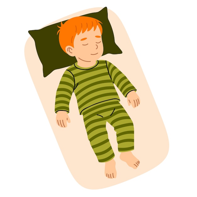 Jonge jongen die plat op zijn rug slaapt in gestreepte groene pyjama's met zijn hoofd op het kussen