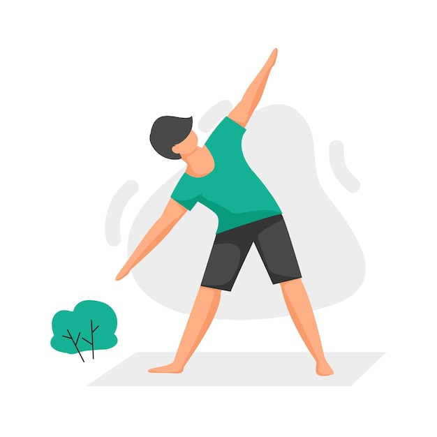 Jonge jongen doet yoga asana in het park Leuke man beoefent sport oefeningen in de buitenlucht Geïsoleerd personage staan in gymnastieke positie Balans ontspannende houding Vector tiener actieve training in de natuur