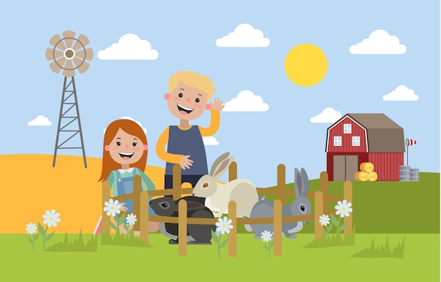 Vector jonge jongen en meisje op de boerderij die konijnen bekijken die op het gras zitten. kinderen lachen en spelen met konijntjes. zomerlandschap in het land. illustratie