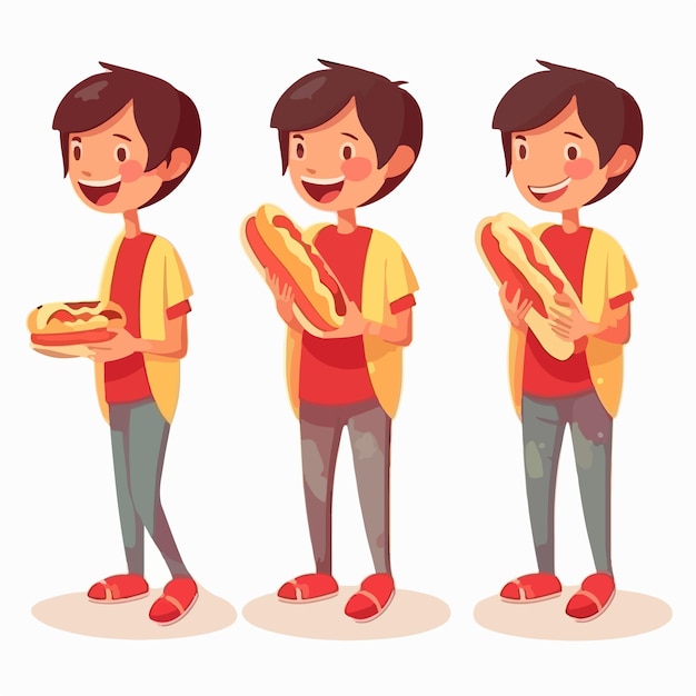 Jonge jongen genieten van een overheerlijke hotdog vector pose kind cartoon-stijl