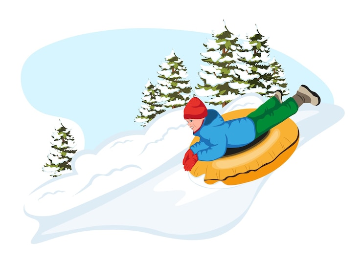 Vector jonge jongen in snowtubing glimlachend en rijdend op helling kid karakter genieten van winteractiviteit fijne kerstvakantie besneeuwde landschap met vuren of dennenboom achtergrond vector illustratie