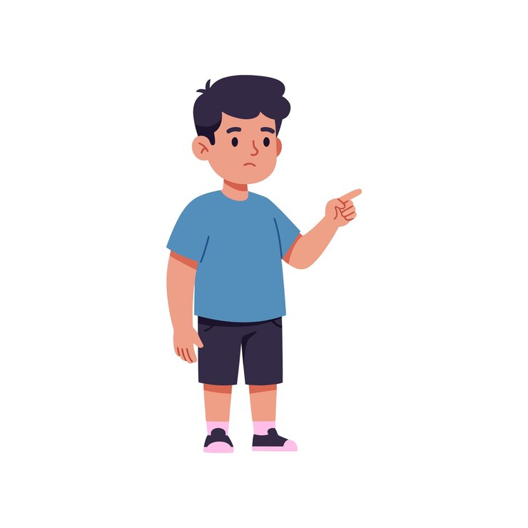 Vector jonge jongen met donker haar met wijzende vinger met blauw shirt en zwarte korte broek platte stijl vector illustratie