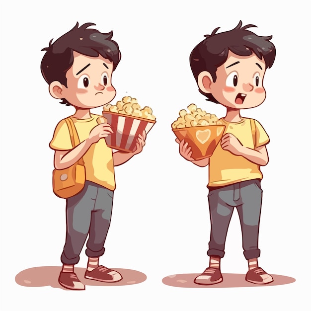 Jonge jongen met een snack van de illustratiejong geitje van het popcornbeeldverhaal