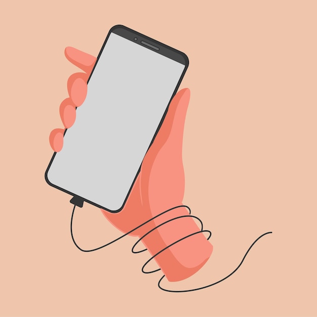 Jonge jongen met smartphone met leeg scherm close-up van hand gekleurde platte grafische vectorillustratie