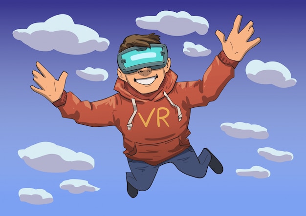 Jonge kerel in vr-headset vliegen in de lucht. gelukkig kind in virtuele realiteit. kleurrijke lijn illustratie. horizontaal.