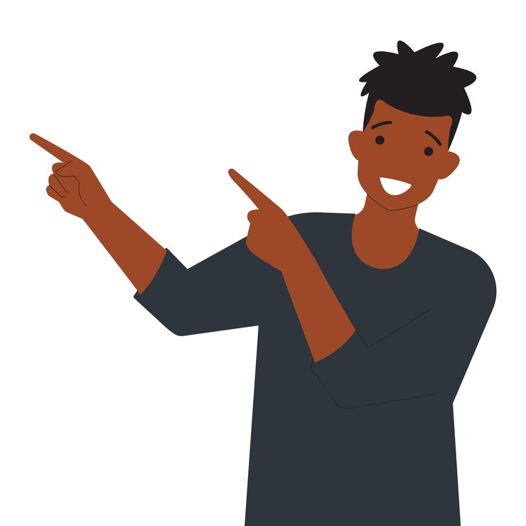 Vector jonge knappe man in casual kleding die naar iets wijst met een vinger die naar de camera kijkt