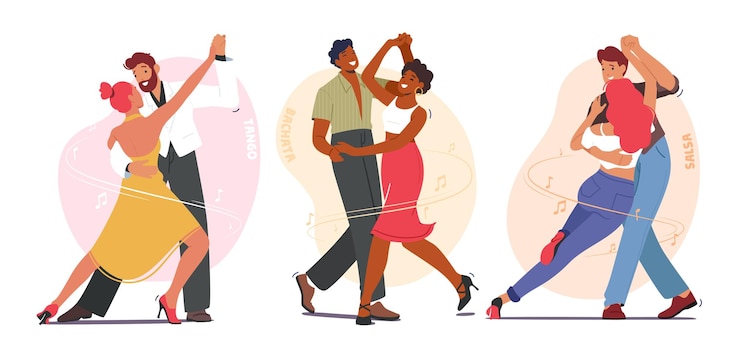 Vector jonge koppels dansen vrije tijd karakters actieve levensstijl mannen en vrouwen brengen samen tijd door tango bachata of salsa