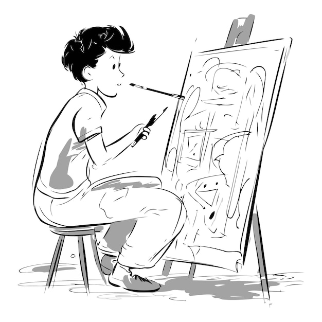 Vector jonge kunstenaar tekent een schilderij op easel zwarte en witte vector illustratie