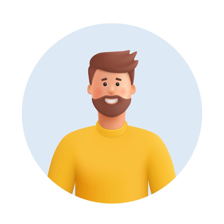 Vector jonge lachende man avatar man met bruine baard snor en haar dragen gele trui of sweatshirt 3d-vector mensen karakter illustratie cartoon minimalistische stijl