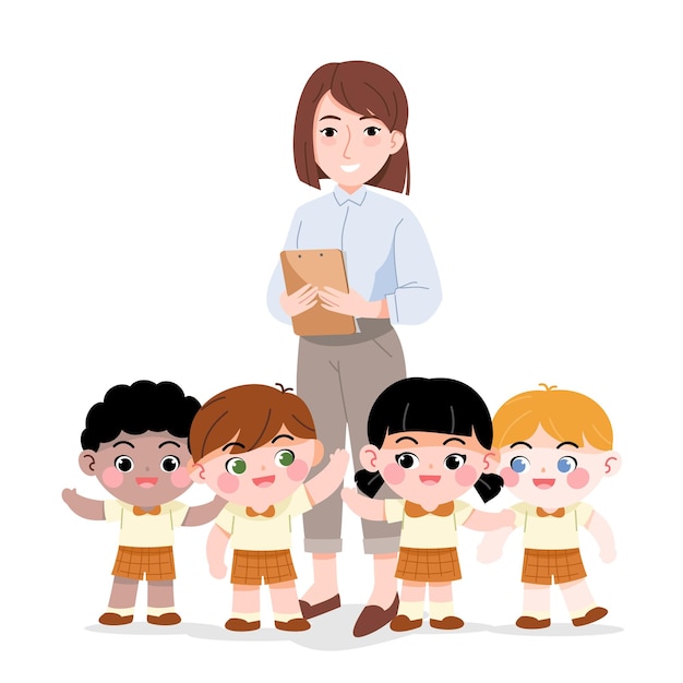 Jonge leraar met vrolijke kinderen geïsoleerde cartoon gelukkige kinderen op de kleuterschool of op school