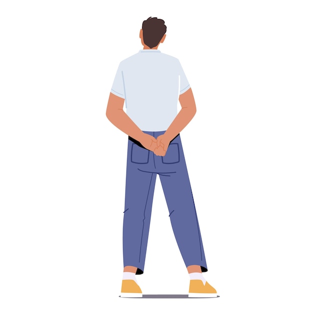 Jonge man achteraanzicht, mannelijk personage in polo t-shirt en jeans hand in hand achter. abstracte persoon achteraanzicht. zakenman achterkant geïsoleerd op een witte achtergrond, cartoon mensen vectorillustratie