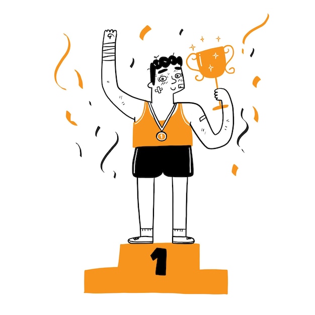 Vector jonge man atleten die opstaan voor trofeeën op het podium, als winnaar. concept van zakelijk succes, vector illustratie cartoon doodles stijl