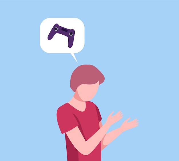 Jonge man denkt aan computerspellen Persoon communiceert met spraakbubbel Gokverslaving Platte vector illustratie