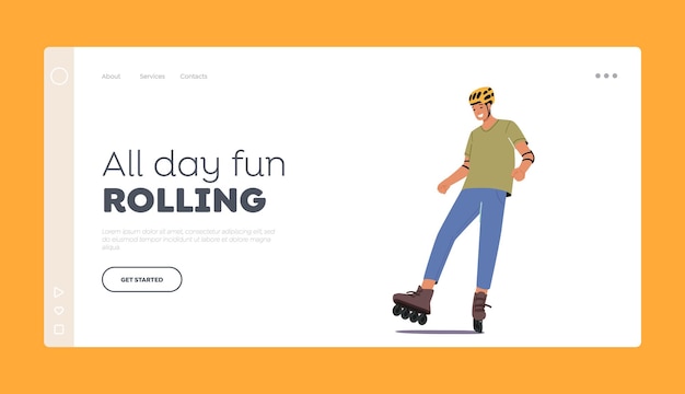 Jonge man dragen helm rijden rolschaatsen landingspagina sjabloon modern mannelijk personage tijd doorbrengen in skatepark