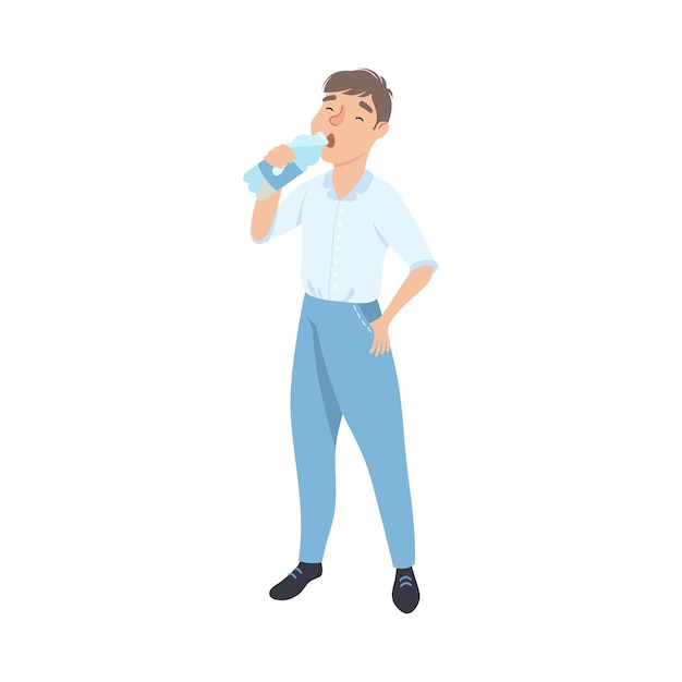 Jonge man drinkt schoon water uit een plastic fles Mannelijke persoon die dorst stillt Gezonde levensstijl Concept Cartoon Style Vector Illustratie