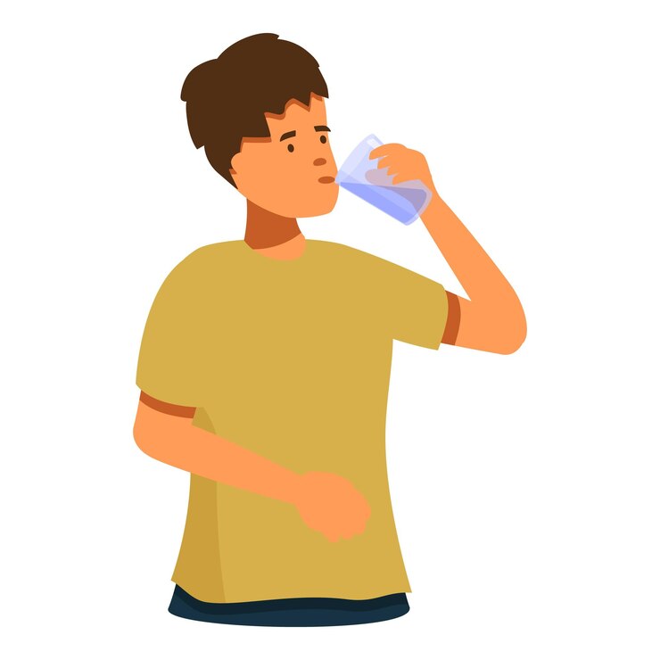 Vector jonge man drinkt water uit een glas verfrissend hydratatieconcept