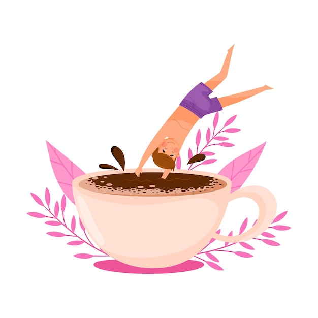 Vector jonge man duikt in een enorme koffiekop met een bloemen achtergrond vector illustratie