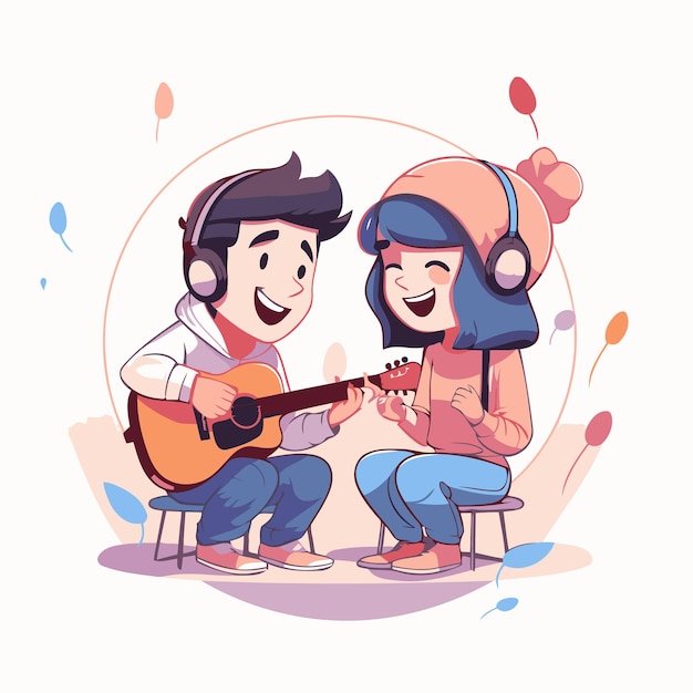 Jonge man en vrouw die gitaar spelen en zingen Vector cartoon illustratie