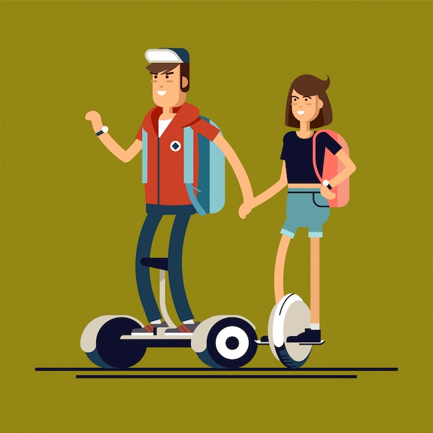 Jonge man en vrouw op elektrische scooter mono wiel