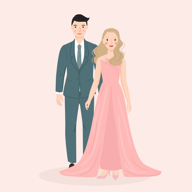 Jonge man en vrouw, paar bruid en bruidegom in huwelijk, formele kleding. trendy vectorillustratie