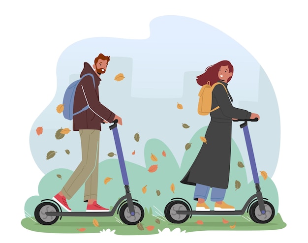 Jonge man en vrouw tekens rijden elektrische scooters in stadspark op herfstdag mensen lopen buiten activiteit