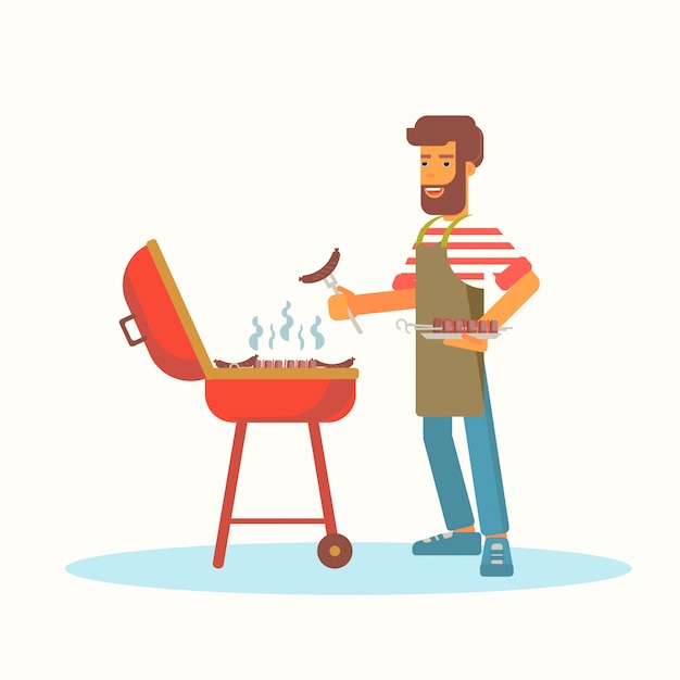 Vector jonge man frituren barbecue egale kleur illustratie