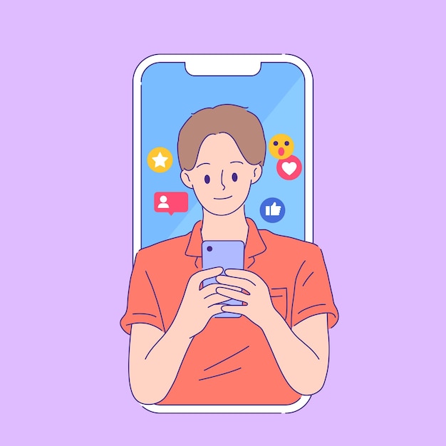 Jonge man geniet van gebruik smartphone in sociale media app plat omlijnde vectorillustratie