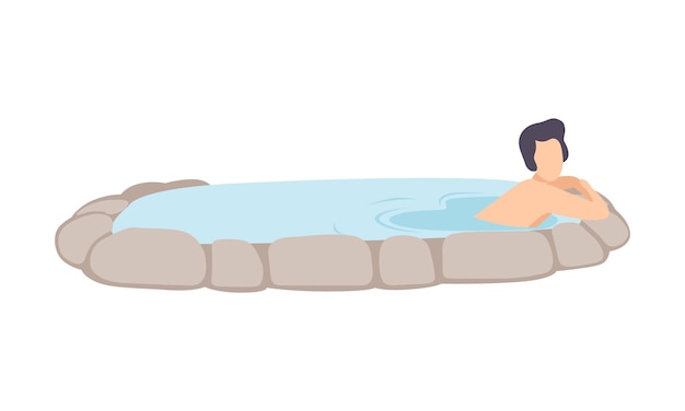 Jonge man genieten van hete buiten thermische lente spa procedure vector illustratie geïsoleerd op een witte achtergrond