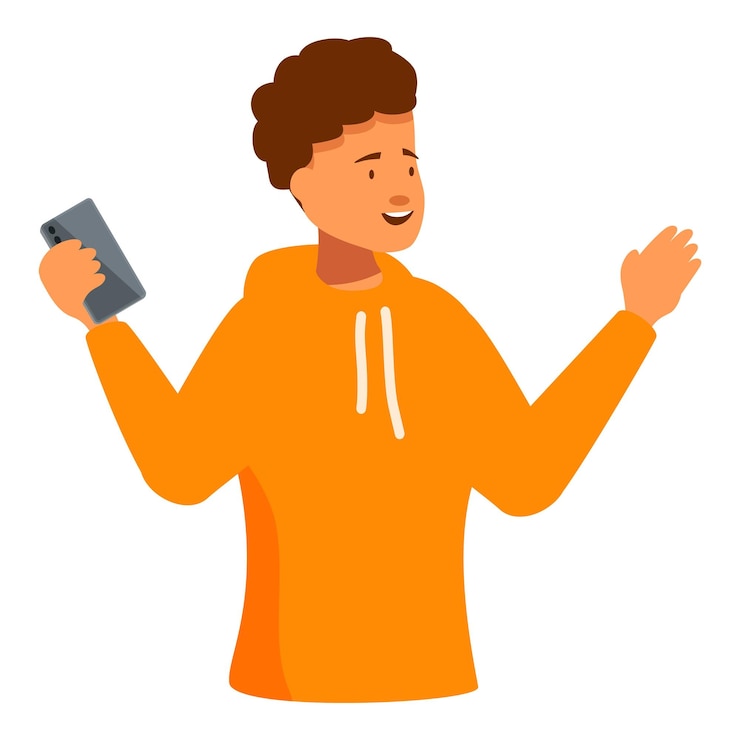 Vector jonge man houdt een smartphone vast en voert een videogesprek waarin hij iets beschrijft