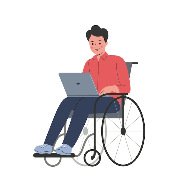 Jonge man in rolstoel die aan de computer werkt Vector platte stijl cartoon illustratie