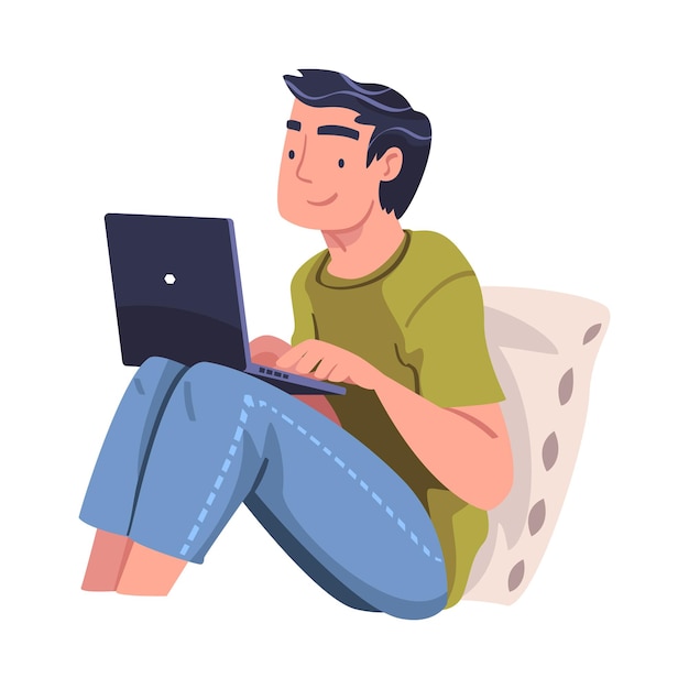 Jonge man in self-isolatie met laptop in bed Vector illustratie