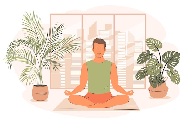 Jonge man in yoga houding doen meditatie, mindfulness praktijk, spirituele discipline thuis. Jonge man beoefenen van yoga, zittend met zijn benen gekruist op de vloer. Platte vectorillustratie.