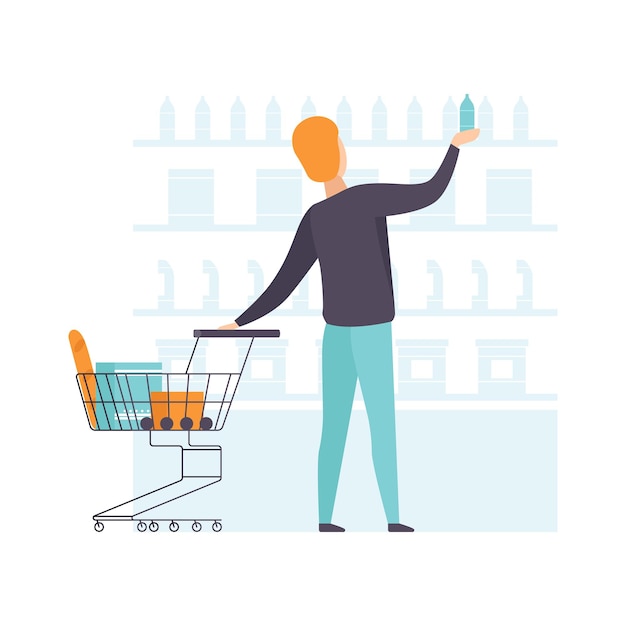 Jonge man kiest producten op planken en duwt winkelwagen man winkelen bij supermarkt vector illustratie geïsoleerd op een witte achtergrond