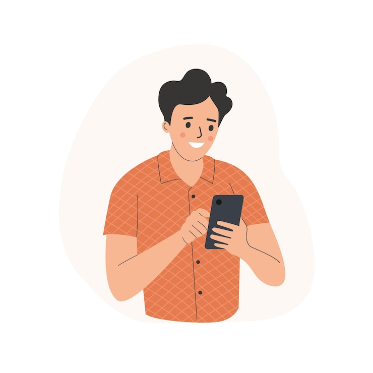 Vector jonge man kijkt naar de smartphone vectorillustratie vlakke stijl