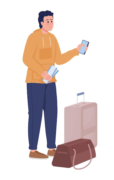 Jonge man met bagage tassen en vliegticket semi egale kleur vector teken staande figuur Full body persoon op witte eenvoudige cartoon stijl illustratie voor web grafisch ontwerp en animatie