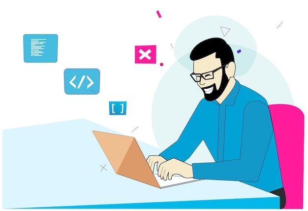 jonge man met behulp van laptop op computer tafel illustratie vector design elementen blauwe jurk