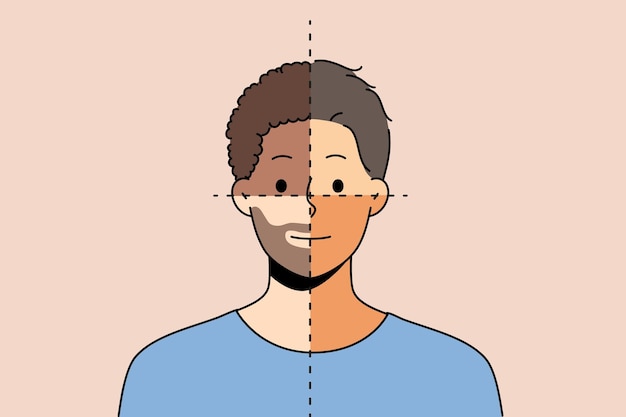 Vector jonge man met delen van verschillende gezichtshuidskleur