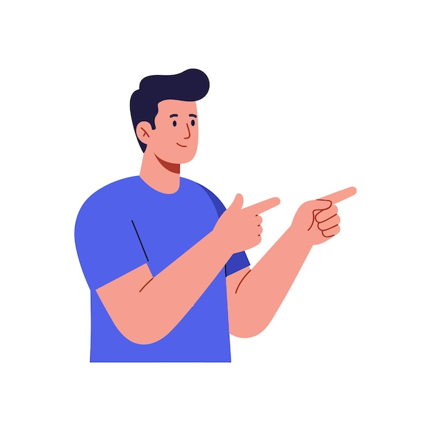 Jonge man met donker haar die naar de zijkant wijst en een blauw T-shirt draagt in een platte vectorillustratie