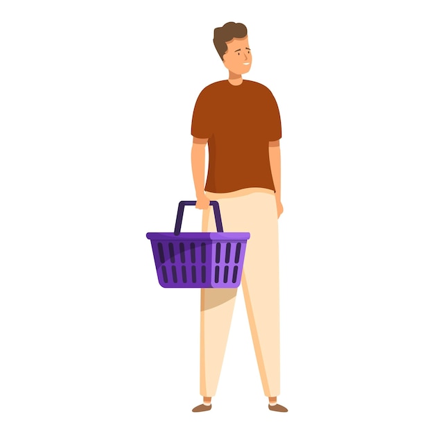 Jonge man met een lege winkelmand die in de supermarkt loopt