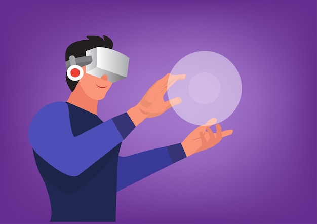 Jonge man met een VR-bril met vingers die virtual reality-games aanraakt