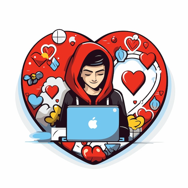 Jonge man met laptop in hartvorm Vector illustratie in cartoon stijl