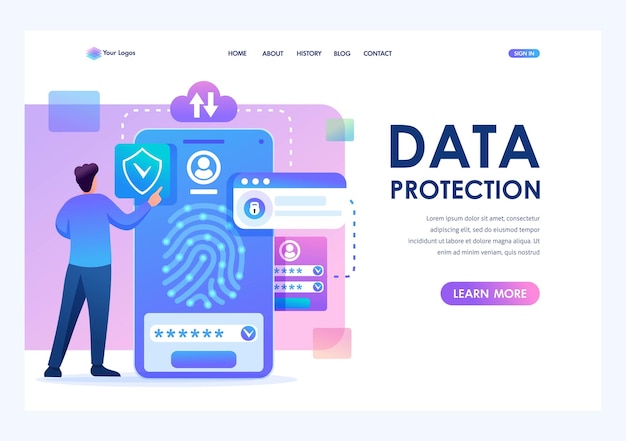 Jonge man met mobiele telefoon gegevensbescherming biometrisch slot Flat 2D character Landing page concepten en webdesign