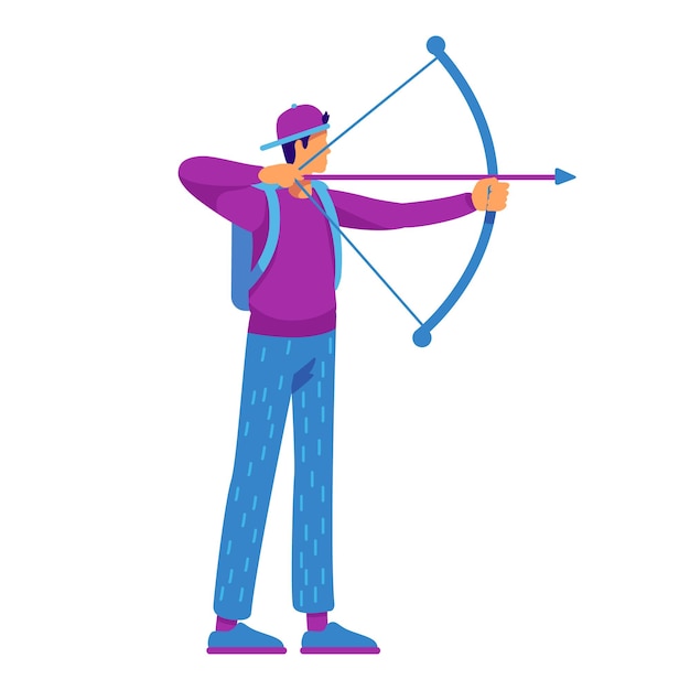 Jonge man met pijlen en boog semi egale kleur vector teken schieten sport poseren figuur full body persoon op wit eenvoudige cartoon stijl illustratie voor web grafisch ontwerp en animatie