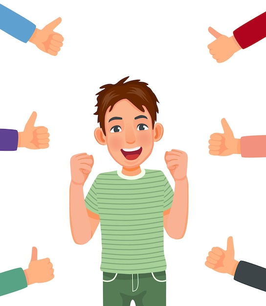 Jonge man omringd door duimen omhoog krijgt publieke goedkeuring positieve feedback respect zoals gebaren